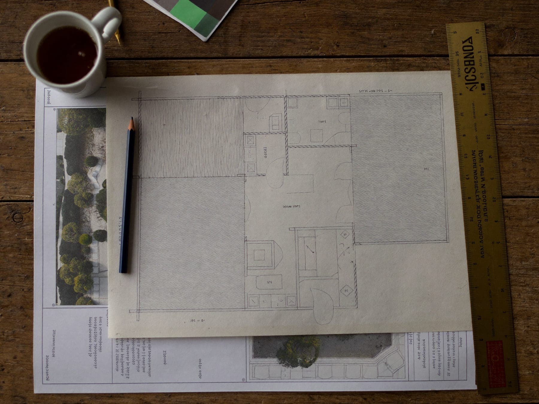 Architectural plan overlaid on a garden site survey